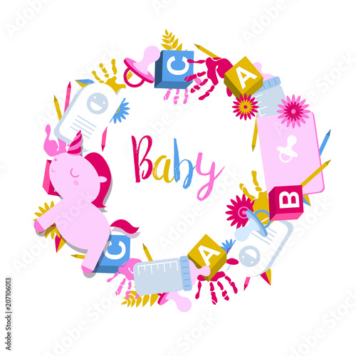 Round, circle frame with kids toys, handprints, baby pacifier and text baby