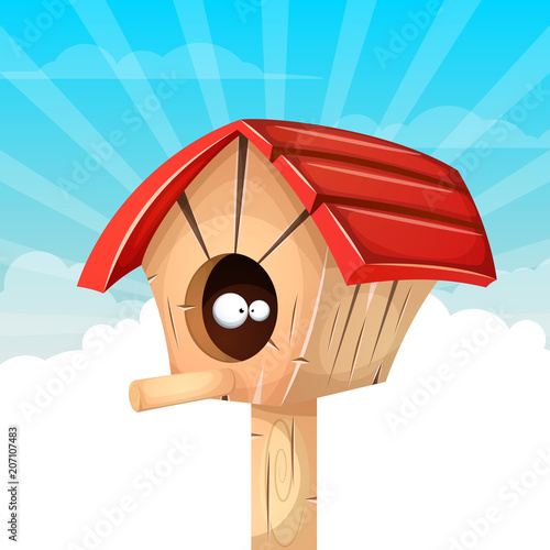 Cartoon birdhouse illustration. Cloud landscape. Vector eps 10