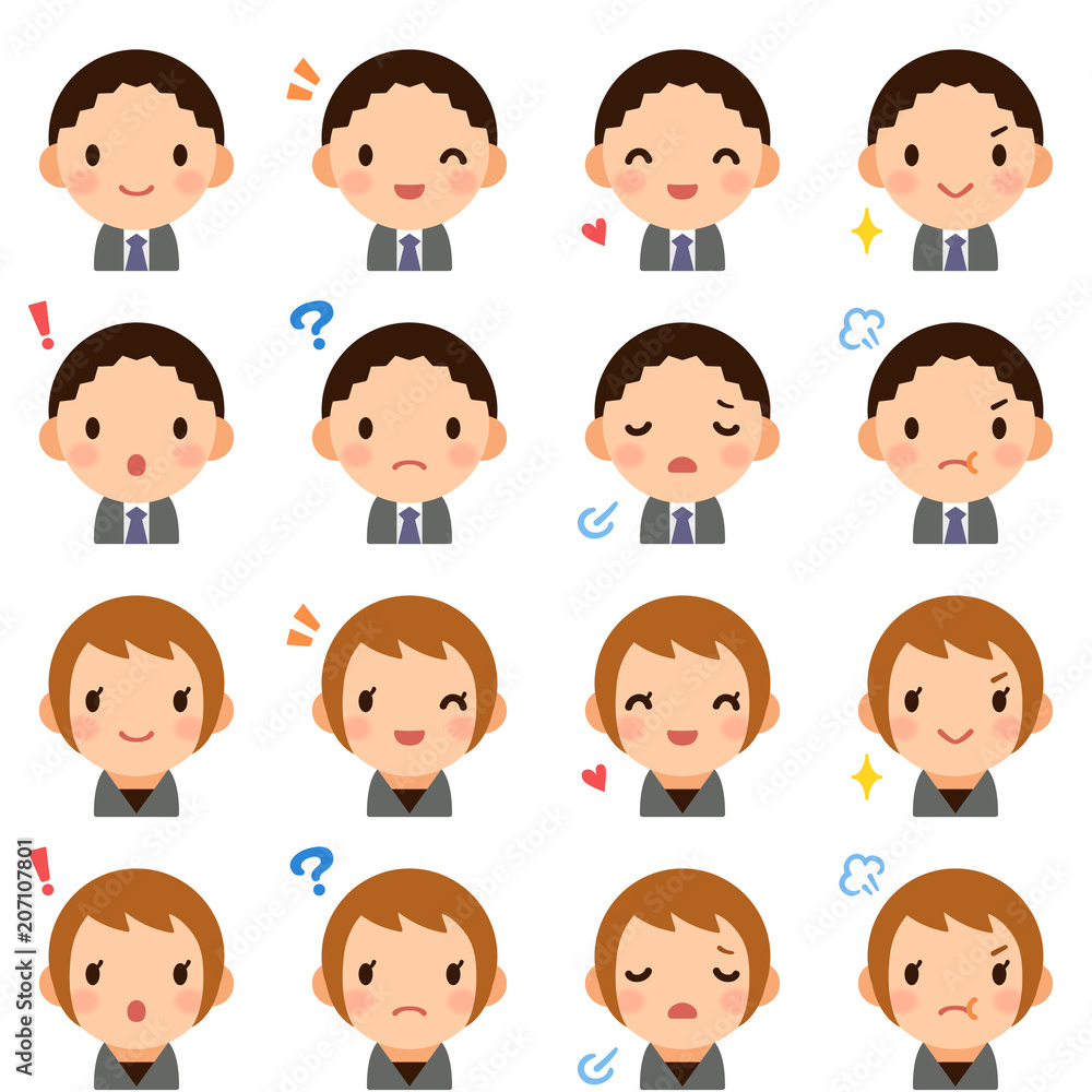 Isolated set of young man & woman flat style avatar expressions Isolated set of young man & woman flat style avatar expressions