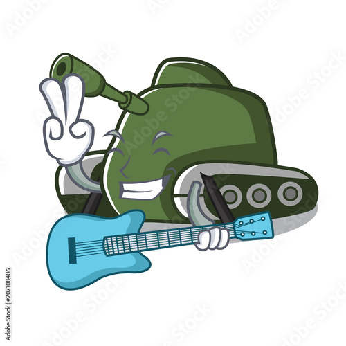 With guitar tank mascot cartoon style