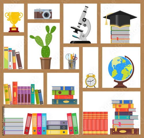 Vector illustration. Bookshelf with stationery accessories on white background.