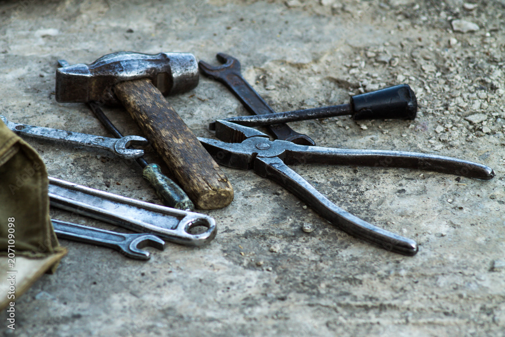 Mechanic tools. Authentic tools. Set of different garage tools. Mechanic tools. Authentic tools. Set of different garage tools.