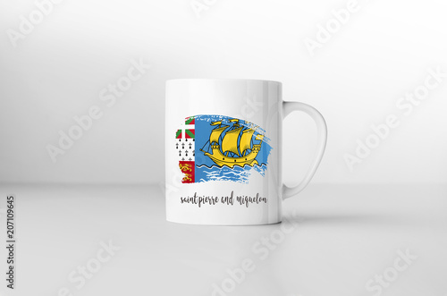 Saint Pierre and Miquelon flag souvenir mug white background. 3D rendering.