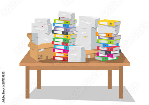 Vector illustration. Pile of paper documents and file folders on white background.
