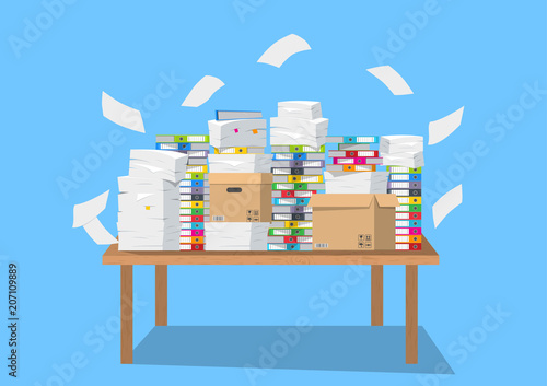 Vector illustration. Pile of paper work on an office table.