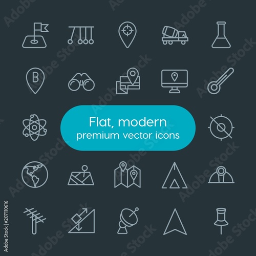 Modern Simple Set of industry, science, location Vector outline Icons. Contains such Icons as information, dish, target, adventure, map and more on dark background. Fully Editable. Pixel Perfect.