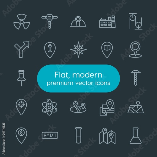 Modern Simple Set of industry, science, location Vector outline Icons. Contains such Icons as vintage, industrial, tool, chemistry, sign and more on dark background. Fully Editable. Pixel Perfect.