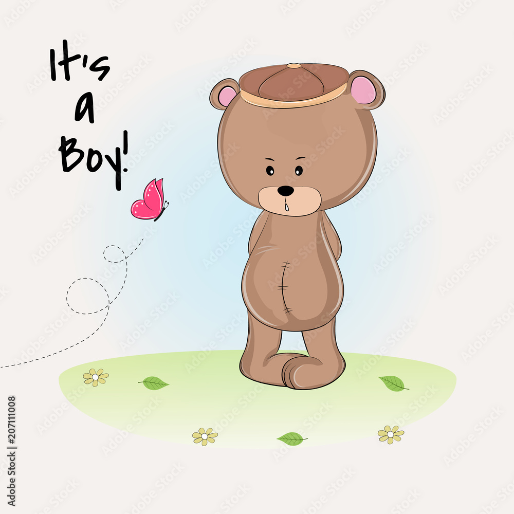 Shower cute teddy bear boy in cap. Shower cute teddy bear boy in cap.