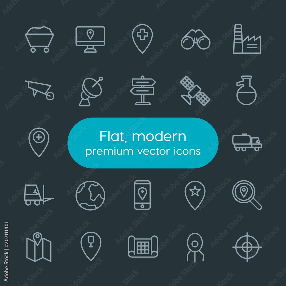 Modern Simple Set of industry, science, location Vector outline Icons. Contains such Icons as factory,  star,  post,  view,  simple,  look and more on dark background. Fully Editable. Pixel Perfect.