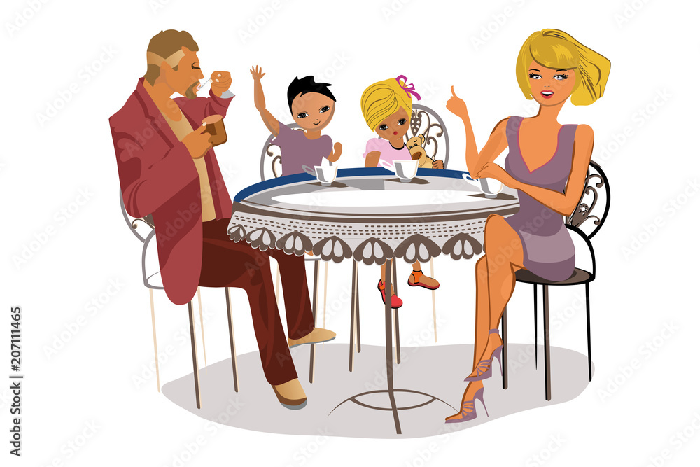 Father and mother with their little chidren eating at the table. Vector illustration of happy Family. Father and mother with their little chidren eating at the table. Vector illustration of happy Family.