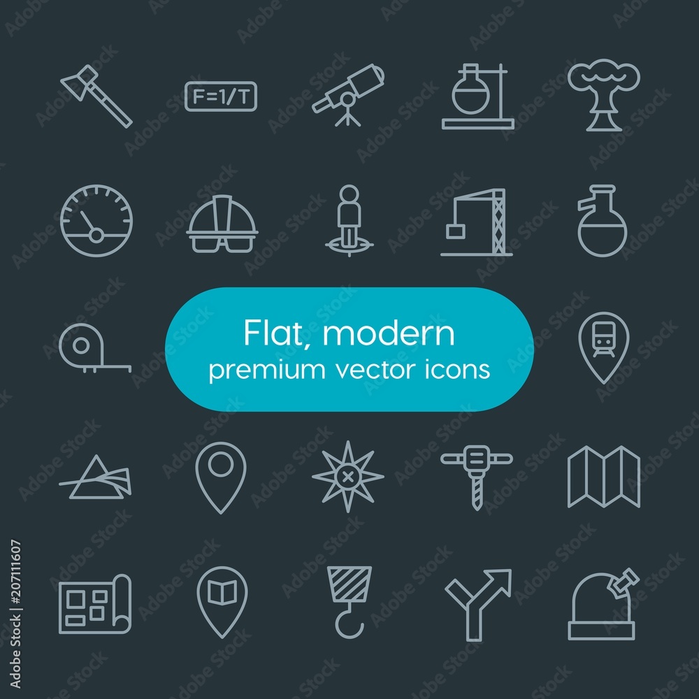 Modern Simple Set of industry, science, location Vector outline Icons. Contains such Icons as  map,  discovery,  railway, axe,  school, map and more on dark background. Fully Editable. Pixel Perfect.