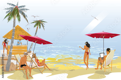 Series of relax summer backgrounds with fashion people, resort building views and seacoast. Hand drawn vector illustration. 