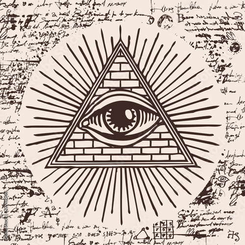 Vector banner with Eye of Providence. All-seeing eye inside triangle pyramid. Symbol Omniscience. Luminous Delta. Ancient mystical sacral masonic symbol on a background of an old illegible manuscript