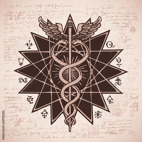 Vector banner with a hand drawn illustration of a Caduceus with an octagonal star. The staff of Hermes with two snakes with wings against the background of an old illegible manuscript. Medical symbol