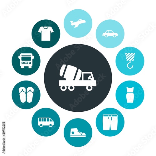transports, industry, clothes Infographic Colorful fill Icons Set. Contains such Icons as retro,  wear,  dress,  sedan,  site,  crane,  transport,  casual,  sky and more. Fully Editable. Pixel Perfect