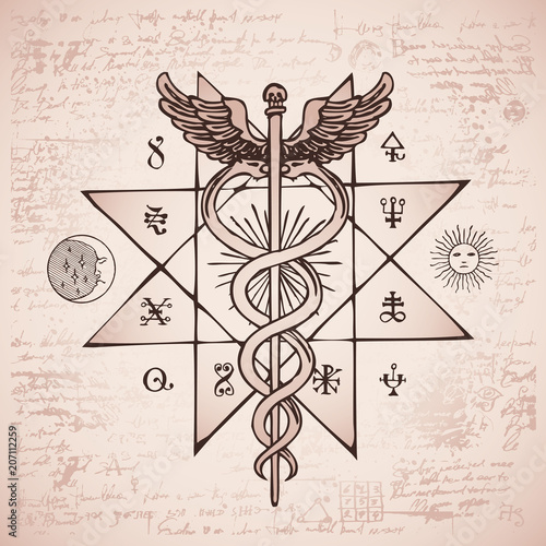 Vector banner with a hand drawn illustration of a Caduceus with an octagonal star. The staff of Hermes with two snakes with wings against the background of an old illegible manuscript. Medical symbol