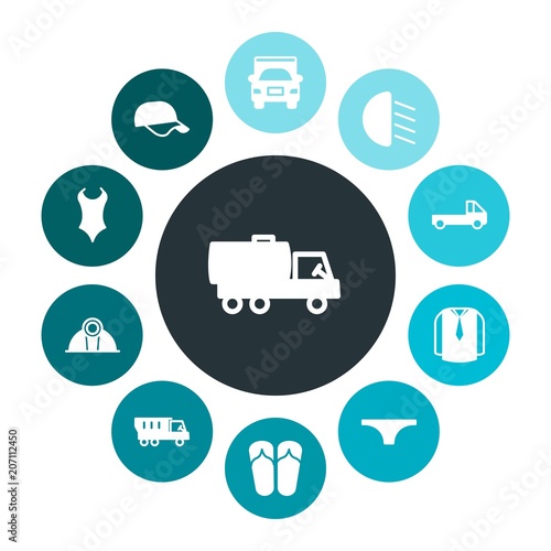 transports, industry, clothes Infographic Colorful fill Icons Set. Contains such Icons as girl, cap, baseball, model, shine, oil, trailer, transportation and more. Fully Editable. Pixel Perfect