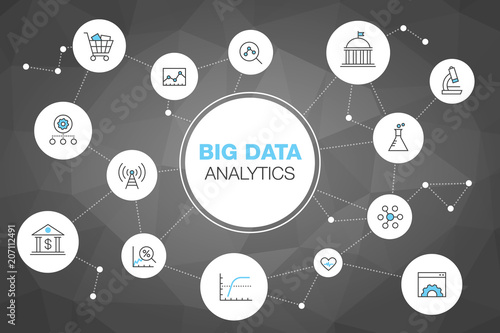 Simple infographic for big data analytics concept with stroke icons isolated on dark polygonal background. Easy to use for your website or presentation.