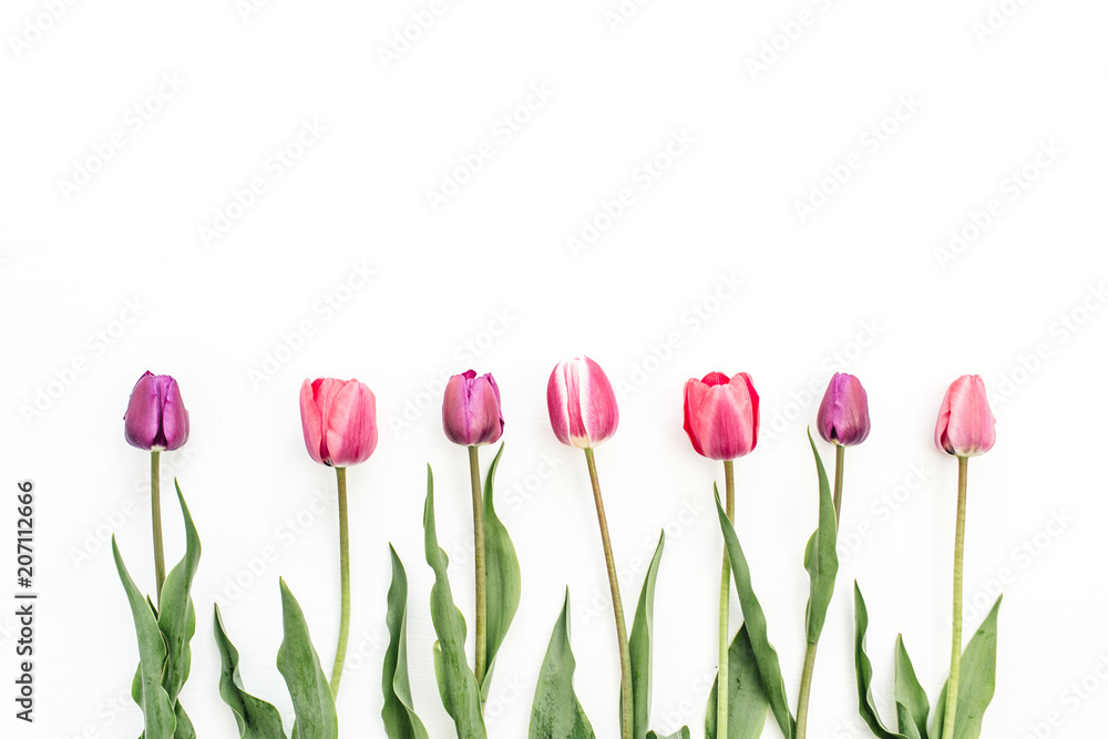 Colorful tulip flowers on white background. Flat lay, top view floral composition.