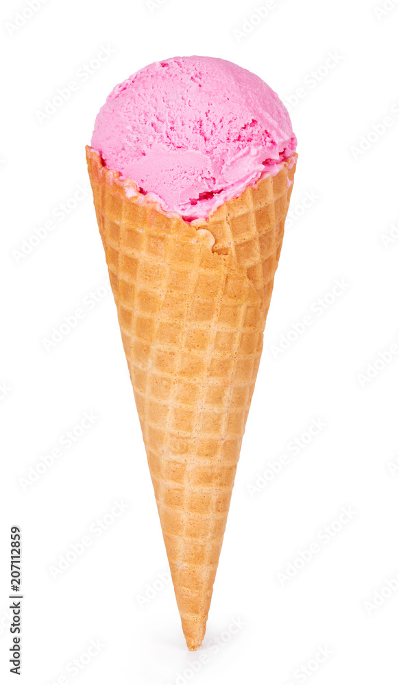Strawberry ice cream in a cone waffle. Isolated on white background. Strawberry ice cream in a cone waffle. Isolated on white background.