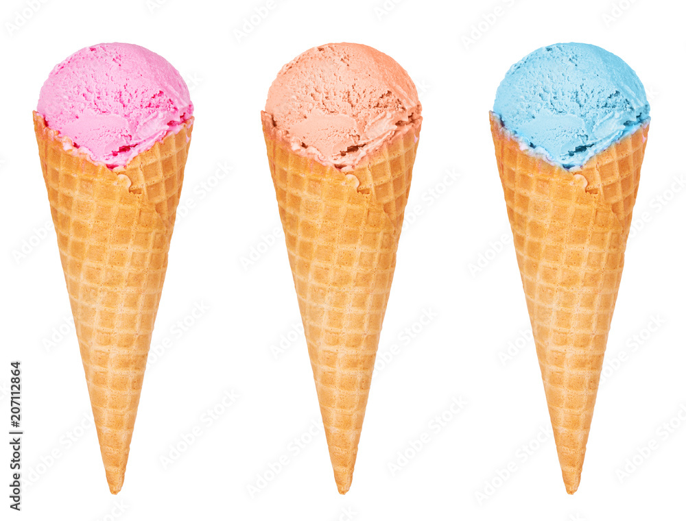 Different tastes of ice cream in a cone waffle. Isolated on white background. Strawberry, peach and blueberry ice cream. Different tastes of ice cream in a cone waffle. Isolated on white background. Strawberry, peach and blueberry ice cream.