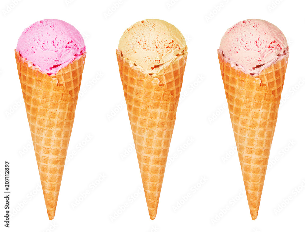 Different tastes of ice cream in a cone waffle. Isolated on white background. Strawberry, vanilla, caramel ice cream.