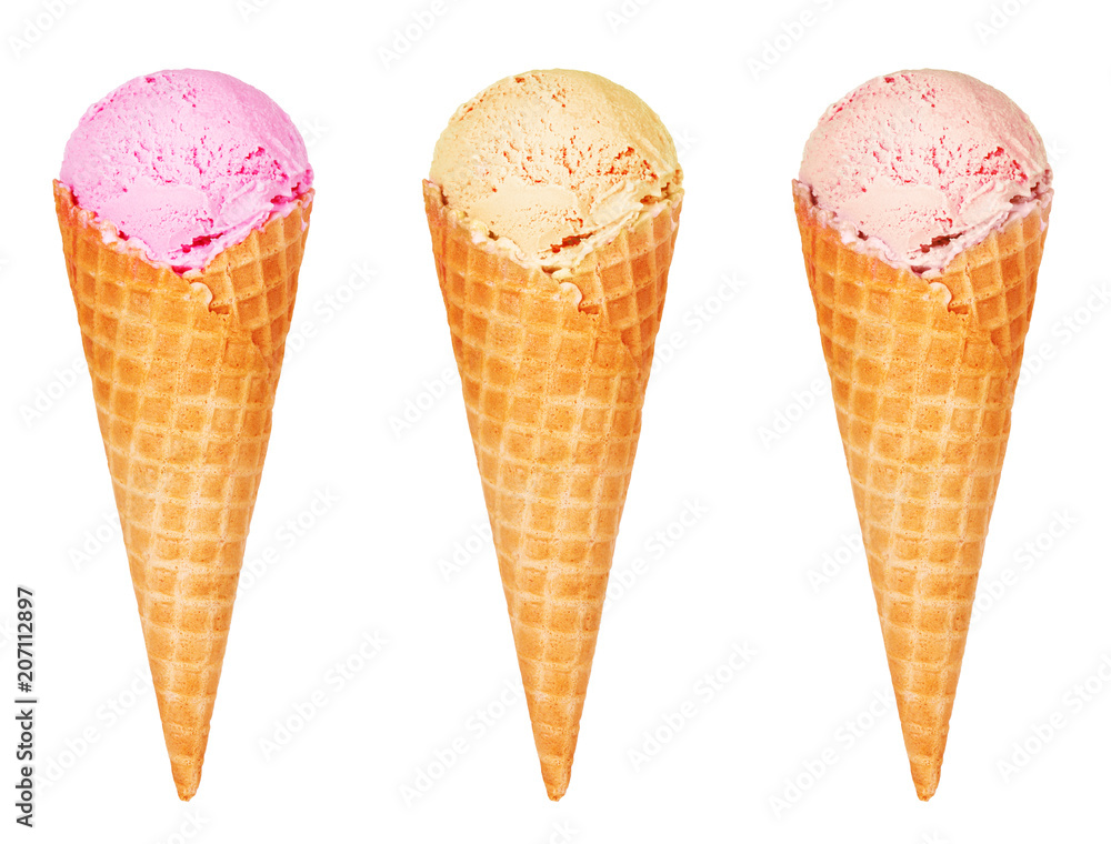 Different tastes of ice cream in a cone waffle. Isolated on white background. Strawberry, vanilla, caramel ice cream. Different tastes of ice cream in a cone waffle. Isolated on white background. Strawberry, vanilla, caramel ice cream.