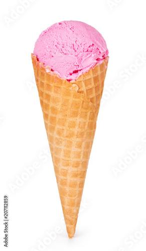 Strawberry ice cream in a cone waffle. Isolated on white background.