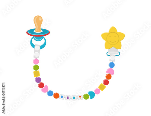 Vector illustration. Children's pacifier with a peg and beads.