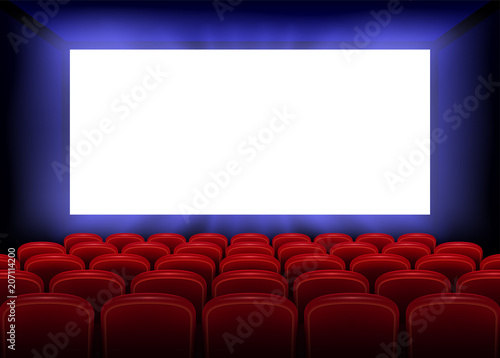 Cinema movie premiere poster design with empty white screen. Realistic cinema hall interior with red seats. Vector illustration.