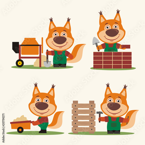 Set of isolated funny squirrel builder in cartoon style: concrete mixer, wheelbarrow, at brick wall and with hammer near wooden structure.