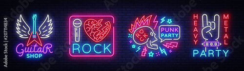 Rock Music collection Neon Signs Vector. Rock music set logos, Guitar Shop, night neon signboard, design element invitation to Rock party, concert, festival, night bright advertising. Vector