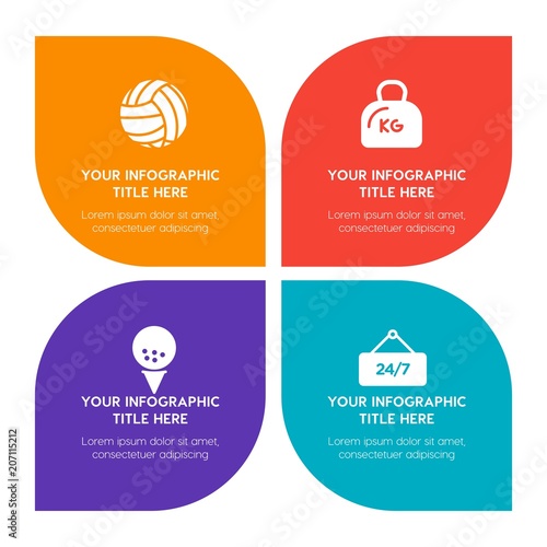 Flat food, hotel, sports, nature infographic timeline template with floral shape for presentations, advertising, annual reports