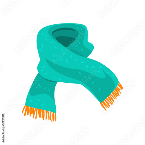 Turquoise woolen scarf with orange fringe on the ends. Element of winter clothing. Accessory for cold weather. Flat vector design