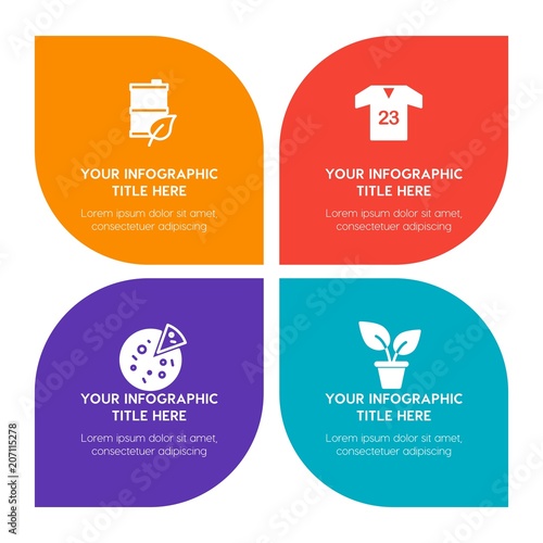 Flat food, hotel, sports, nature infographic timeline template with floral shape for presentations, advertising, annual reports