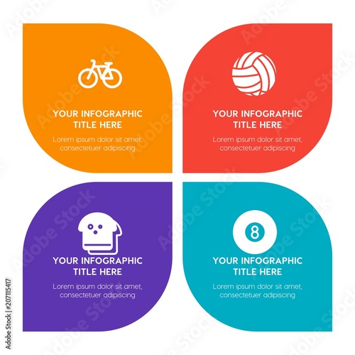 Flat food, hotel, sports, nature infographic timeline template with floral shape for presentations, advertising, annual reports