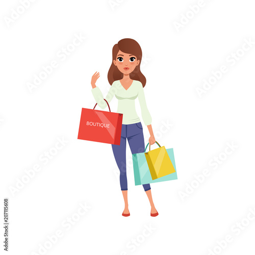 Beautiful brunette woman holding shopping bags from boutique. Sale in store. Young girl in blouse and pants. Flat vector design