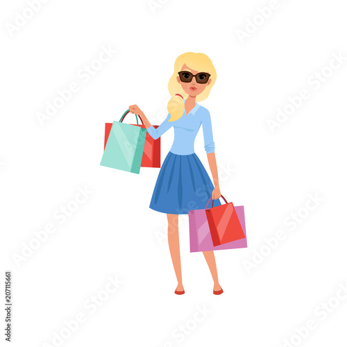 Young blond girl holding lots of colorful shopping bags. Pretty woman in sunglasses, blue blouse and skirt. Flat vector design