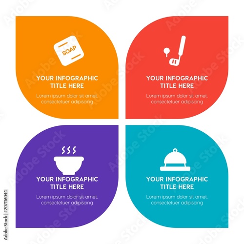 Flat food, hotel, sports, nature infographic timeline template with floral shape for presentations, advertising, annual reports