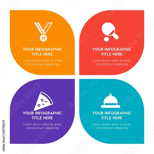 Flat food, hotel, sports, nature infographic timeline template with floral shape for presentations, advertising, annual reports