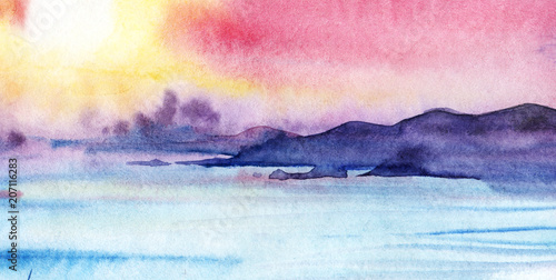 Far violet mountains on the opposite sea shore. Pink yellow golden blue sunset. Seascape. The sky is the sea of the mountain. Hand drawn watercolor on wet paper illustration.