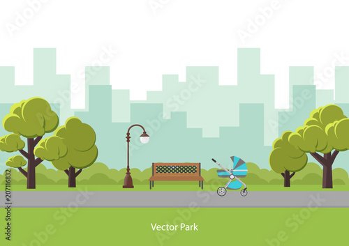Fototapeta Naklejka Na Ścianę i Meble -  Vector illustration. City park with a stroller.
