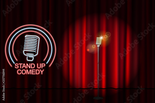 Stand up comedy with neon microphone sign and red curtain backdrop. Comedy night stand up show or karaoke party. Vector illustration