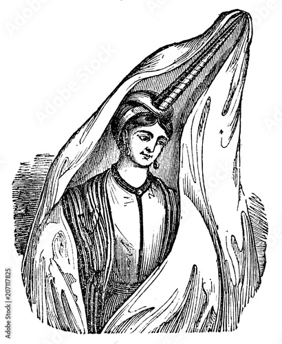 Druze woman wearing a tantour (from Das Heller-Magazin, February 1, 1834) photo