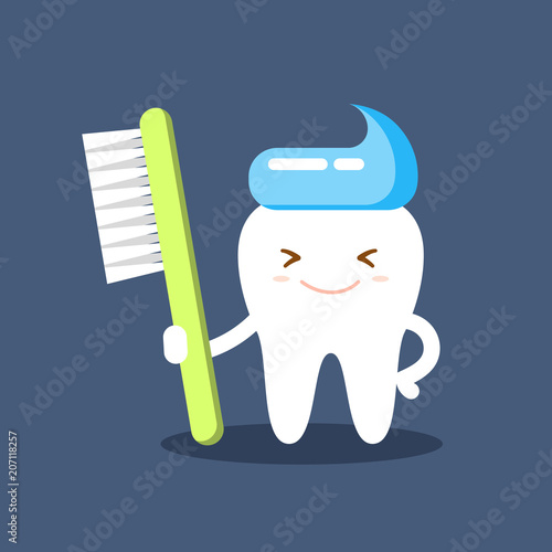 Cute happy smiling tooth with toothbrush and toothpaste hairstyle. Clear tooth concept. Brushing teeth. Dental kids care. Flat illustration on the theme of dentistry. Isolated vector.