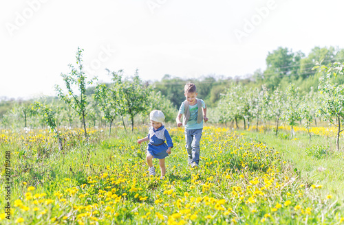 Two happy little kids playing in blossoming meadow