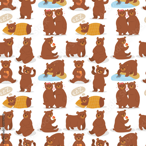 Cartoon bear character teddy pose vector seamless pattern background wild grizzly cute illustration adorable animal design.