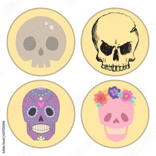 Different style skulls faces vector illustration halloween horror style tatto...