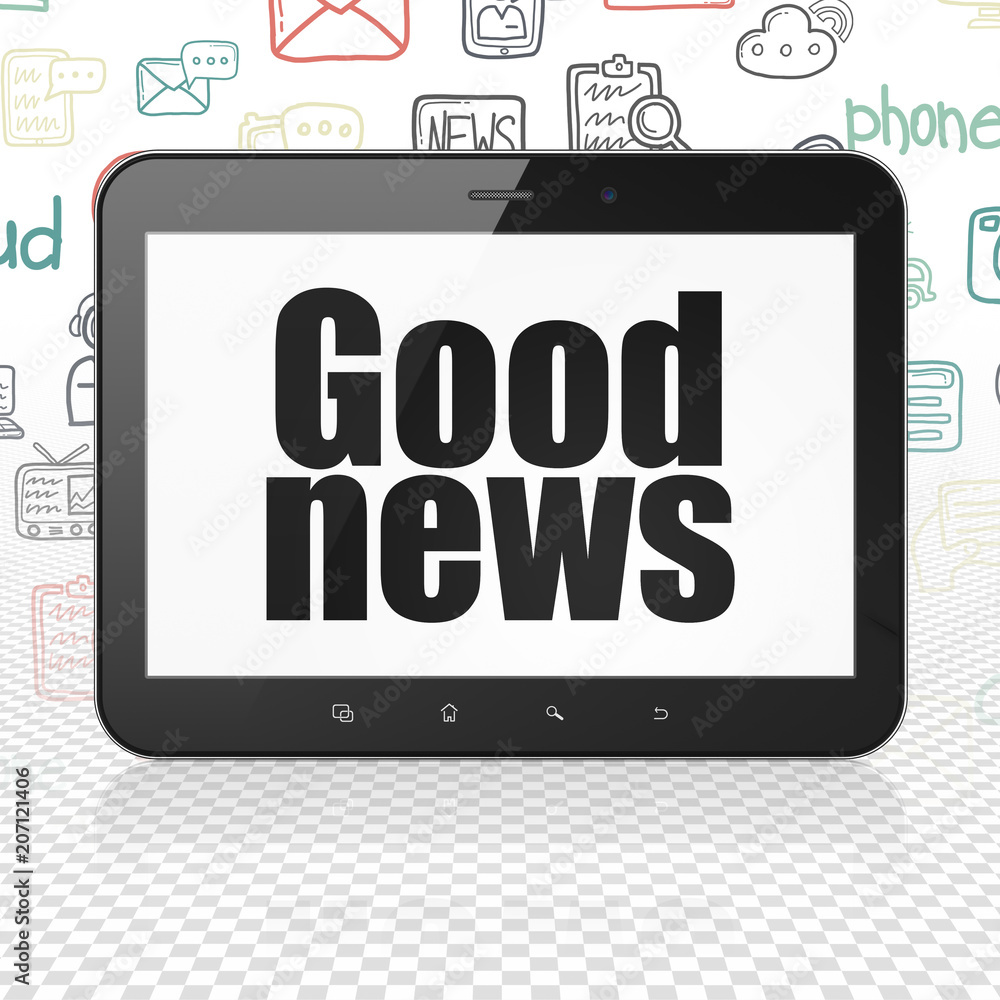 News concept: Tablet Computer with black text Good News on display, Hand Drawn News Icons background, 3D rendering News concept: Tablet Computer with black text Good News on display, Hand Drawn News Icons background, 3D rendering