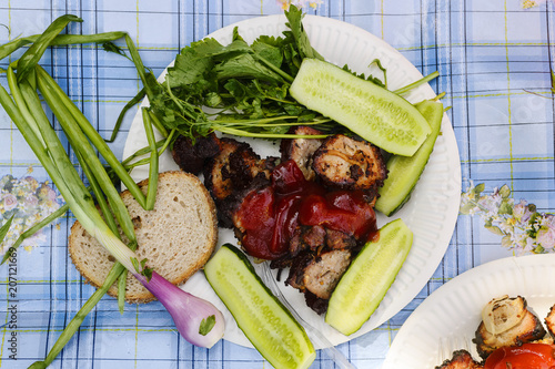 Shish kebab on a plate, picnic